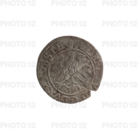 szelag; Lentz, Gerhard; Lauterbach, Casper, publisher; R1 (rarity); eagles; rosettes; Hohenzollern (coat of arms); Albrecht Hohenzollern (Prince of Prussia; 1490–1568). Obv.: Prussian eagle with crowned letter S on its chest; on the rim between pearl borders an inscription beginning with a tower — the mint master's mark; between the words one dot each: ALBER, V, DG DVX PRVSSIE Rw. Rev.: letter A beneath the heraldic shield of the Hohenzollern family, one rosette on both sides of the letter; on the rim between the pearl borders an inscription beginning with a rosette, one rosette between the words: SOLIDVS PRVSSIE 156O (1560). Ducal Prussia (1525–1701), Königsberg; coin; diameter 19.8 mm; weight 0.98 g; axis 140°.