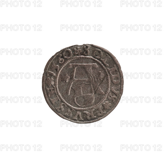 szelag by Gerhard Lentz and Casper Lauterbach, R1 (rarity). Obverse: Prussian eagle with crowned letter S on its chest; rim inscription beginning with a tower mint master's mark; inscription reading ALBERTVS D G DVX PRVSSIE with a letter A beneath which is the Hohenzollern heraldic shield; rosettes flanking the letter. Reverse: rim inscription beginning with a rosette, inscription SOLIDVS PRVSSIE 156O (1560). Associated with Albrecht Hohenzollern (Prince of Prussia; 1490–1568). Ducal Prussia (1525–1701), Königsberg. Coin: diameter 20.4 mm, weight 1.01 g, axis 260°.