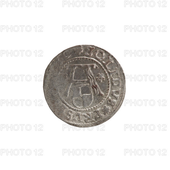 szelag by Gerhard Lentz; publisher Lauterbach. R1 (rarity). Obv.: Prussian eagle with crowned letter S on its chest; on the rim between pearl borders an inscription beginning with a tower (mint master's mark); between the words one dot each ALBER, PRVSSIE. Rev.: letter A above the Hohenzollern heraldic shield; rosettes on both sides of the letters; in the rim between the pearl borders an inscription beginning with a rosette; between the words one rosette SOLIDVS PRVSS. Date: 1560. Subject/issue: Ducal Prussia (1525–1701), Königsberg. Material: coin. Diameter 20.0 mm; weight 1.20 g; axis 260°. Associated person: Albrecht Hohenzollern (Prince of Prussia; 1490–1568). Coat of arms: Hohenzollern.
