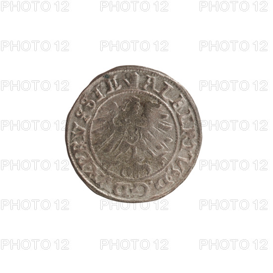 szelag by Lentz, Gerhard; Lauterbach, Casper (publisher). R1 (rarity). Obv.: Prussian eagle, on its chest the crowned letter S; on the rim between pearl borders an inscription beginning with a tower — the mint master's mark; between the words one dot each: ALBERTVS DG DVX PRVSSIE. Rev.: the letter A, beneath which the Hohenzollern family coat of arms; on both sides of the letter one rosette; in the rim between the pearl borders an inscription beginning with a rosette; between the words one rosette: SOLIDVS PRVSSIE 156O. Albrecht Hohenzollern (Prince of Prussia; 1490–1568). Ducal Prussia (1525–1701), Königsberg. Coin: diameter 20.7 mm, weight 1.11 g, axis 140°.