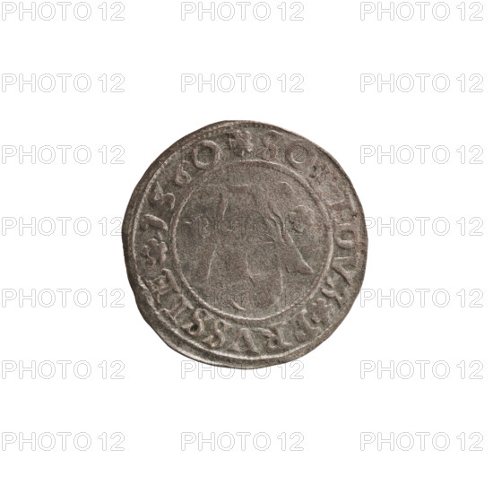 szelag by Lentz, Gerhard; Lauterbach, Casper (publishers). R1 (rarity). Silver coin (szelag), Ducal Prussia (1525–1701), Königsberg, 1560. Diameter 20.7 mm, weight 1.11 g, axis 140°. Obverse: Prussian eagle bearing on its chest the crowned letter S; on the rim between pearl borders an inscription beginning with a tower (the mint master's mark); between the words one dot each: ALBERTVS DG DVX PRVSSIE. Reverse: letter A beneath the Hohenzollern family coat of arms, with one rosette on both sides of the letters; on the rim between the pearl borders an inscription beginning with a rosette; between the words one rosette: SOLIDVS PRVSSIE 156O. Portrait/subject: Albrecht Hohenzollern (Prince of Prussia; 1490–1568).