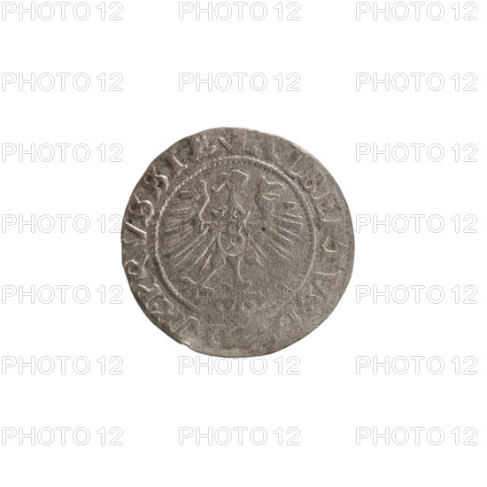 szelag (coin), Obv.: Prussian eagle with crowned letter S on its chest; rim between pearl borders bears an inscription beginning with a tower (mint master's mark), with dots between words: ALBERTV D VX PRVSSIE. Rev.: letter A beneath Hohenzollern coat of arms, rosettes on both sides of the letter; rim between pearl borders bears an inscription beginning with a rosette, with rosettes between words: LIDVS PRVSSIE. Maker: Albrecht Hohenzollern (Prince of Prussia; 1490–1568). Date: 1557–1559. Place: Ducal Prussia, Königsberg. Materials/style: coin; diameter 19.6 mm; weight 1.00 g; axis 225 degrees.