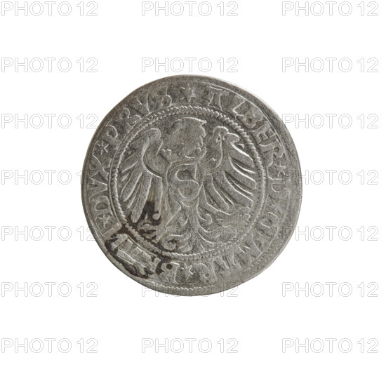 Albrecht Hohenzollern (Prince of Prussia; 1490–1568) — iconography: eagles, Hohenzollern coat of arms; male bust in armour. Obverse: Prussian Eagle, on its breast a crowned letter S; on the rim between pearly borders the inscription 'ALBER*D*G*MAR*BRAN*DVX*PRVSRw'. Reverse: male bust in armor in profile turned to the right, short hair, beard with sideburns; on the rim between pearly borders an inscription beginning with the Hohenzollern coat of arms 'IVSTVS*EX*FIDE*VIVIT*I5Z9*'. 1529. Ducal Prussia (1525–1701), Königsberg. Coin; diameter 23.4 mm, weight 1.92 g, axis 20°. Publishers: Grosz, Wille, Albrecht (fl. 1520–?); Straub (Strawb), Heinrich; Decjusz, Jost Ludwik (fl. 1528–1535). R3 (rarity).