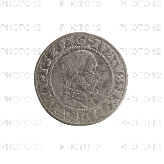 grosz, Wille, Albrecht (fl. 1520-?), publisher; Straub (Strawb), Heinrich, publisher; Decjusz, Jost Ludwik (fl. 1528-1535); R3 (rarity). Albrecht Hohenzollern (Prince of Prussia; 1490–1568) — iconography: eagles, Hohenzollern coat of arms, male busts in armour. Obverse: Prussian eagle, on its breast a crowned letter S; on the rim between pearly borders the inscription ALBER*D*G*MAR*BRAN*DVX*PRVSRw. Reverse: male bust in armor in profile to the right, short hair, beard with sideburns; on the rim between pearly borders an inscription beginning with the Hohenzollern coat of arms IVSTVS*EX*FIDE*VIVIT*I5Z9*. Date: 1529. Place: Ducal Prussia (1525–1701), Königsberg. Object: coin (grosz). Diameter: 23.4 mm; weight: 1.92 g; axis: 20°.
