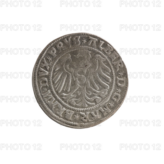grosz; Straub (Strawb), Heinrich, publisher; Wille, Albrecht (fl. 1520-?), publisher; Decjusz, Jost Ludwik (fl. 1528-1535); R3 (rarity). Albrecht Hohenzollern (Prince of Prussia; 1490–1568) — iconography: eagles, Hohenzollern (coat of arms), male busts in armour, Prussian Eagle with crowned letter S on its breast. Obverse: On the rim, between pearly borders, inscription *ALBER*D*G*MAR*BRAN*DVX*PRVS*. Reverse: Male bust in armor in profile to the right, short hair, beard with sideburns; on the rim, between pearly borders, inscription beginning with the Hohenzollern coat of arms *IVSTVS*EX*FIDE*VIVIT*I5Z9*. 1529. Ducal Prussia (1525–1701), Königsberg. Coin: diameter 24.0 mm, weight 2.09 g, axis 20°.