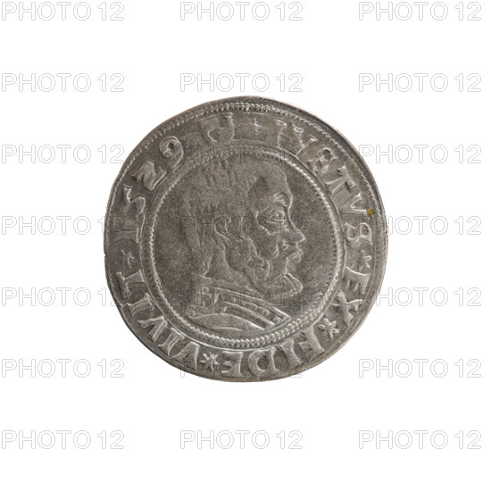 grosz, Straub (Strawb), Heinrich, publisher, Wille, Albrecht (fl. 1520-?), publisher, Decjusz, Jost Ludwik (fl. 1528-1535), R3 (rarity), Albrecht Hohenzollern (Prince of Prussia; 1490-1568) - iconography, eagles, Hohenzollern (coat of arms), male busts in armour, Aw. Prussian Eagle, on its breast a crowned letter S. On the rim, between the pearly borders, the inscription *ALBER*D*G*MAR*BRAN*DVX*PRVS. Reverse: Male bust in armor in profile turned to the right, short hair, beard with sideburns. On the rim, between the pearly borders, an inscription beginning with the Hohenzollern coat of arms *IVSTVS*EX*FIDE*VIVIT*I5Z9*. 1529, Ducal Prussia (1525-1701), Königsberg, coin: diameter 24.0 mm, weight 2.09 g, axis 20 deg.