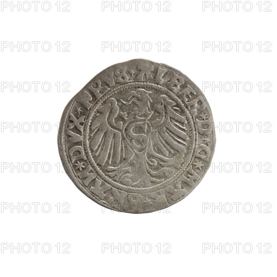 grosz; Straub (Strawb), Heinrich, publisher; Wille, Albrecht (fl. 1520-?), publisher; Decjusz, Jost Ludwik (fl. 1528-1535); R3 (rarity). Albrecht Hohenzollern (Prince of Prussia; 1490-1568) — iconography: eagles, Hohenzollern (coat of arms), male busts in armour, Prussian Eagle with crowned letter S on its breast. On the rim, between pearly borders, inscription *ALBER*D*G*MAR*BRAN*DVX*PRVSRw. Male bust in armor in profile turned to the right, short hair, beard with sideburns. On the rim, between the pearly borders, an inscription beginning with the Hohenzollern coat of arms *IVSTVS*E, IDE*VIVIT*I5Z9*. 1529. Ducal Prussia (1525–1701), Königsberg. Coin: diameter 23.3 mm, weight 1.82 g, axis 20°.