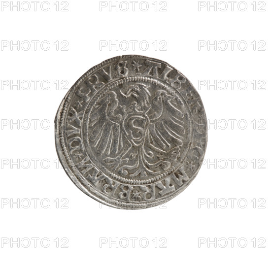 grosz; Straub (Strawb), Heinrich, publisher; Wille, Albrecht (fl. 1520-?), publisher; Decjusz, Jost Ludwik (fl. 1528-1535); R3 (rarity). Obverse: Albrecht Hohenzollern (Prince of Prussia; 1490–1568) — iconography: Hohenzollern coat of arms, male bust in armour, Prussian eagle on its breast a crowned letter S. On the rim, between pearly borders, inscription *ALBER*D*G*MAR*BRAN*DVX*PRVS. Reverse: Male bust in armor in profile turned to the right, short hair, beard with sideburns. On the rim, between pearly borders, inscription beginning with the Hohenzollern coat of arms *IVSTVS*EX*FIDE*VIVIT*I5Z9*. 1529. Ducal Prussia (1525–1701), Königsberg. Coin: diameter 23.3 mm, weight 1.82 g, axis 280°.