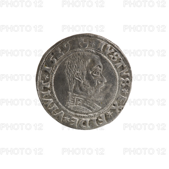 grosz; Straub (Strawb), Heinrich, publisher; Wille, Albrecht (fl. 1520-?), publisher; Decjusz, Jost Ludwik (fl. 1528-1535); R3 (rarity); eagles; Albrecht Hohenzollern (Prince of Prussia; 1490-1568) — iconography; Hohenzollern (coat of arms); male busts in armour; Aw. Prussian Eagle, on its breast a crowned letter S. Obverse: On the rim, between the pearly borders, the inscription *ALBER*D*G*MAR*BRAN*DVX*PRVS*. Reverse: Male bust in armor in profile turned to the right, short hair, beard with sideburns. On the rim, between the pearly borders, an inscription beginning with the Hohenzollern coat of arms *IVSTVS*EX*FIDE*VIVIT*I5Z9*. 1529. Ducal Prussia (1525–1701), Königsberg. Coin: diameter 23.3 mm, weight 1.82 g, axis 280°.