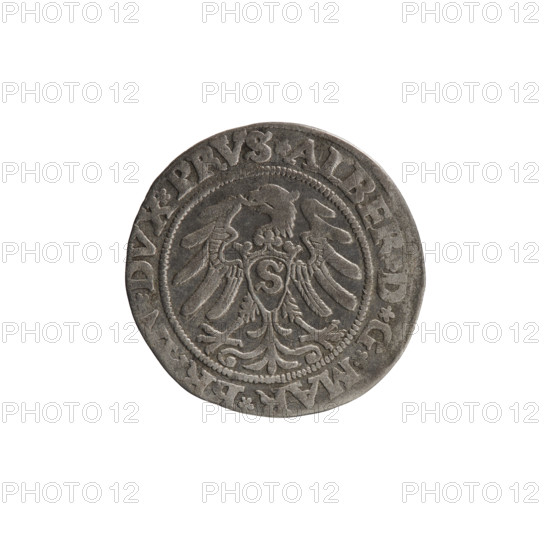 grosz, Wille, Albrecht (fl. 1520-?), publisher; Decjusz, Jost Ludwik (fl. 1528-1535); Straub (Strawb), Heinrich, publisher. Albrecht Hohenzollern (Prince of Prussia; 1490-1568) — iconography: male busts in armour; Hohenzollern coat of arms; Prussian eagle on its breast the crowned letter S. Pearled border; in the rim an inscription beginning with a rosette ALBER*D*G*MAR*BRAN*DVX*PRVS. Reverse: male bust in armor in profile turned to the right, short hair, beard with sideburns. Pearled border; in the rim an inscription beginning with the Hohen-Zollern coat of arms *IVSTVS*, *FIDE*VIVIT*I53O*. 1530, Ducal Prussia (1525–1701), Königsberg. Coin: diameter 22.4 mm, weight 1.98 g, axis 170°.'