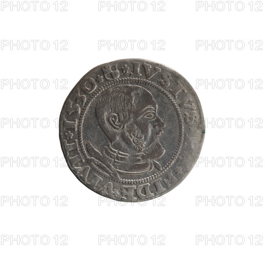 grosz, Wille, Albrecht (fl. 1520-?), publisher; Decjusz, Jost Ludwik (fl. 1528-1535); Straub (Strawb), Heinrich, publisher. R (rarity). Albrecht Hohenzollern (Prince of Prussia; 1490-1568) — iconography: male busts in armour; Hohenzollern (coat of arms); Prussian eagle on its breast the crowned letter S. Pearled border; in the rim an inscription beginning with a rosette ALBER*D*G*MAR*BRAN*DVX*PRVS. Reverse: male bust in armor in profile turned to the right, short hair, beard with sideburns. Pearled border; in the rim an inscription beginning with the Hohen-Zollern coat of arms *IVSTVS*, *FIDE*VIVIT*I53O*. Dated 1530. Ducal Prussia (1525–1701), Königsberg. Coin: diameter 22.4 mm, weight 1.98 g, axis 170°.