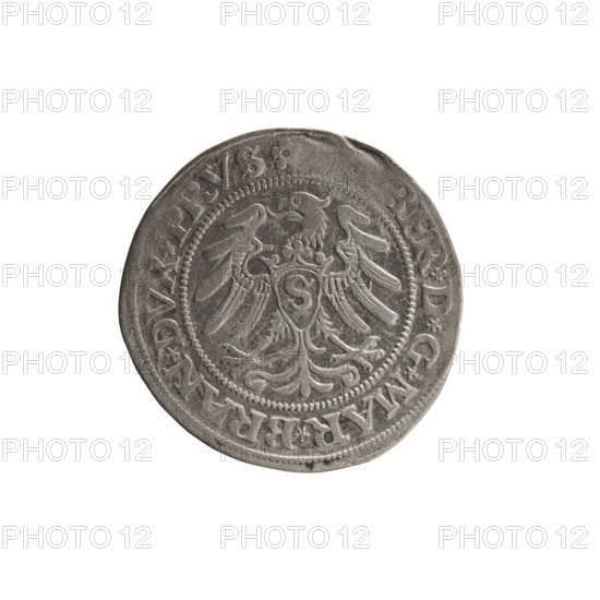 grosz, Wille, Albrecht (fl. 1520-?), publisher; Decjusz, Jost Ludwik (fl. 1528-1535); Straub (Strawb), Heinrich, publisher. Albrecht Hohenzollern (Prince of Prussia; 1490-1568) — iconography: eagles, Hohenzollern coat of arms, male busts in armour, R (rarity). Aw. Prussian Eagle, on its breast a crowned letter S. Along the rim, between the pearly borders, an inscription beginning with a rosette: BER*D*G*MAR*BRAN*DVX*PRVS. Rw. Male bust in armor, profile turned to the right, short hair, beard with sideburns. Along the rim, between the pearly borders, an inscription beginning with the Hohenzollern coat of arms shield: *IVSTVS*, IDE*VIVIT*I53O*. 1530. Ducal Prussia (1525–1701), Königsberg. Coin: diameter 23.8 mm, weight 1.88 g, axis 225°.