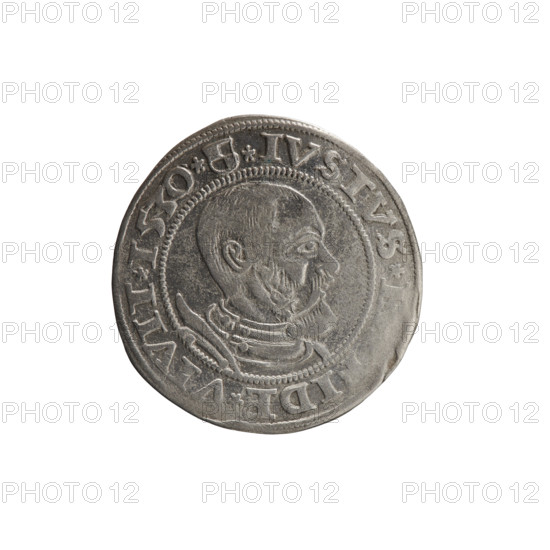 grosz; Wille, Albrecht (fl. 1520-?), publisher; Decjusz, Jost Ludwik (fl. 1528-1535); Straub (Strawb), Heinrich, publisher; Albrecht Hohenzollern (Prince of Prussia; 1490–1568) — iconography: eagles; Hohenzollern coat of arms; male busts in armour. Aw. Prussian eagle, on its breast a crowned letter S. Along the rim, between the pearly borders, an inscription beginning with a rosette: BER*D*G*MAR*BRAN*DVX*PRVS. Rw. Male bust in armor, profile turned to the right, short hair, beard with sideburns. Along the rim, between the pearly borders, an inscription beginning with the Hohenzollern coat of arms shield: *IVSTVS*, IDE*VIVIT*I53O*. Date: 1530. Place/style: Ducal Prussia (1525–1701), Königsberg. Object: coin (grosz). Diameter: 23.8 mm. Weight: 1.88 g. Axis: 225°. R (rarity).