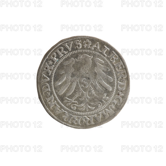 grosz, Straub (Strawb), Heinrich, publisher, Wille, Albrecht (fl. 1520-?), publisher, Decjusz, Jost Ludwik (fl. 1528-1535), R (rarity), Albrecht Hohenzollern (Prince of Prussia; 1490-1568) - iconography, eagles, Hohenzollern (coat of arms), male busts in armour, Aw. Prussian Eagle, on its breast a crowned letter S. Along the rim, between the pearly borders, an inscription beginning with a rosette ALBER*D*G*MAR*BRAN*DVX*PRVS Rw. Male bust in armor, profile turned to the right, short hair, beard with sideburns. Along the rim, between the pearly borders, an inscription beginning with the Hohenzollern coat of arms *IVSTVS*EX*FIDE*VIVIT*I53O*, 1530, Ducal Prussia (1525-1701), Königsberg, coin, coin: diameter 23.0 mm, weight 1.91 g, axis 45 degrees.