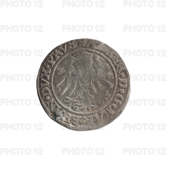 grosz; Straub (Strawb), Heinrich, publisher; Decjusz, Jost Ludwik (fl. 1528–1535); Wille, Albrecht (fl. 1520–? ), publisher. Obverse: Prussian eagle bearing on its breast a crowned letter S; along the rim between pearly borders an inscription beginning with a rosette A, ER*D*G*MAR*BRAN*DVX*PRVS. Reverse: male bust in armor, profile to the right, short hair, beard with sideburns; along the rim between pearly borders an inscription beginning with the Hohenzollern coat of arms *IVSTVS*EX, IDE*VIVIT*I53O*. 1530. Ducal Prussia (1525–1701), Königsberg. Coin; diameter 22.7 mm; weight 1.89 g; axis 45°. R (rarity).