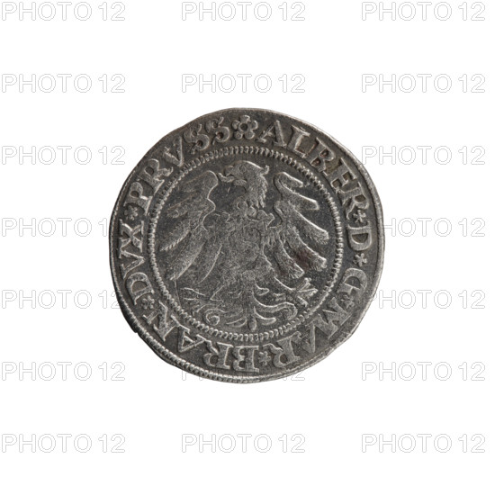grosz; Straub (Strawb), Heinrich, publisher; Wille, Albrecht (fl. 1520-?), publisher; Decjusz, Jost Ludwik (fl. 1528-1535); R (rarity). Obverse: Prussian eagle; on its breast a crowned letter S; along the rim between pearly borders an inscription beginning with a rosette ALBER*D*G*MAR*BRAN*DVX*PRVSS. Reverse: male bust in armour, profile turned to the right, short hair, beard with sideburns; along the rim between pearly borders an inscription beginning with the Hohenzollern coat of arms *IVSTVS*EX*FIDE*VIVIT*I53O*. 1530. Ducal Prussia (1525–1701), Königsberg. Coin; diameter 23.3 mm; weight 1.98 g; axis 180°.