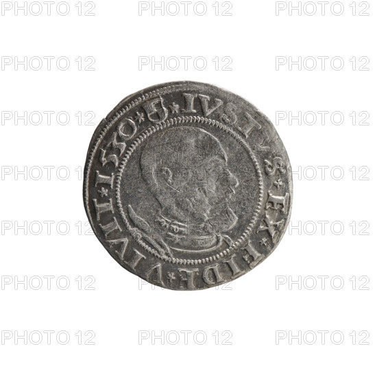 grosz; Straub (Strawb), Heinrich, publisher; Wille, Albrecht (fl. 1520-?), publisher; Decjusz, Jost Ludwik (fl. 1528-1535); R (rarity); eagles; Albrecht Hohenzollern (Prince of Prussia; 1490–1568) — iconography; Hohenzollern coat of arms; male busts in armour; Aw. Prussian Eagle, on its breast a crowned letter S. Along the rim, between the pearly borders, an inscription beginning with a rosette: ALBER*D*G*MAR*BRAN*DVX*PRVSS. Reverse: Male bust in armor, profile turned to the right, short hair, beard with sideburns. Along the rim, between the pearly borders, an inscription beginning with the Hohenzollern coat of arms: *IVSTVS*EX*FIDE*VIVIT*I53O*. Date: 1530. Place: Ducal Prussia (1525–1701), Königsberg. Object: coin; diameter 23.3 mm; weight 1.98 g; axis 180°.