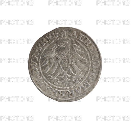 grosz, Straub (Strawb), Heinrich, publisher, Wille, Albrecht (fl. 1520-?), publisher, Decjusz, Jost Ludwik (fl. 1528-1535), R (rarity), Albrecht Hohenzollern (Prince of Prussia; 1490-1568) - iconography, eagles, Hohenzollern (coat of arms), male busts in armour, Aw. Prussian Eagle, on its breast a crowned letter S. Along the rim, between the pearly borders, an inscription beginning with a rosette ALBER*D*G*MAR*BRAN*DVX*PRVS Rw. Male bust in armor, profile turned to the right, short hair, beard with sideburns. Along the rim, between the pearly borders, an inscription beginning with the Hohenzollern coat of arms *IVSTVS*EX*FIDE*VIVIT*I53O*, 1530, Ducal Prussia (1525-1701), Königsberg, coin, coin: diameter 23.2 mm, weight 1.95 g, axis 200 degrees.