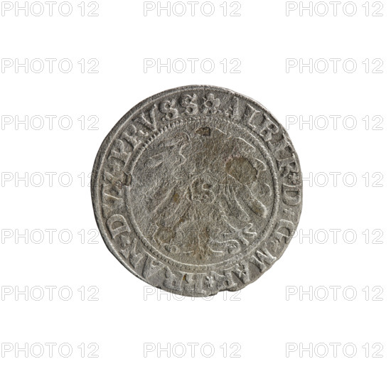 grosz; Straub (Strawb), Heinrich, publisher; Wille, Albrecht (fl. 1520-?), publisher; Decjusz, Jost Ludwik (fl. 1528-1535); R (rarity); eagles; Albrecht Hohenzollern (Prince of Prussia; 1490–1568) — iconography; Hohenzollern (coat of arms); male busts in armour; Aw. Prussian Eagle, on its breast a crowned letter S. Along the rim, between the pearly borders, an inscription beginning with a rosette ALBER*D*G*MAR*BRAN*DVX*PRVSS. Rw. Male bust in armor, profile turned to the right, short hair, beard with sideburns. Along the rim, between the pearly borders, an inscription beginning with the Hohenzollern coat of arms *IVSTVS*EX*FIDE*VIVIT*I53O*. 1530. Ducal Prussia (1525–1701), Königsberg. Coin: diameter 22.2 mm, weight 1.64 g, axis 135°.
