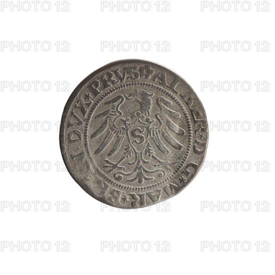 grosz; Straub (Strawb), Heinrich, publisher; Wille, Albrecht (fl. 1520-?), publisher; Decjusz, Jost Ludwik (fl. 1528-1535); R (rarity); eagles; Albrecht Hohenzollern (Prince of Prussia; 1490-1568) - iconography; Hohenzollern (coat of arms); male busts in armour; Aw. Prussian Eagle, on its breast a crowned letter S. Along the rim, between the pearly borders, an inscription beginning with a rosette ALBER*D*G*MAR*BRAN*DVX*PRVS. Rw. Male bust in armor, profile turned to the right, short hair, beard with sideburns. Along the rim, between the pearly borders, an inscription beginning with the Hohenzollern coat of arms *IVSTVS*E, IDE*VIVIT*I53O. 1530. Ducal Prussia (1525–1701), Königsberg. Coin: diameter 22.2 mm, weight 1.80 g, axis 0°.