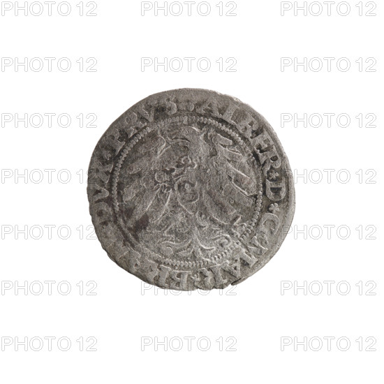 grosz, Straub (Strawb), Heinrich, publisher, Wille, Albrecht (fl. 1520-?), publisher, Decjusz, Jost Ludwik (fl. 1528-1535), R (rarity), Albrecht Hohenzollern (Prince of Prussia; 1490-1568) - iconography, Hohenzollern (coat of arms), male busts in armour, eagles, Aw. Prussian Eagle, on its breast a crowned letter S. Along the rim, between the pearly borders, an inscription beginning with a rosette, ALBER*D*G*MAR*BRAN*DVX*PRVS. Rw. Male bust in armor, profile turned to the right, short hair, beard with sideburns. Along the rim, between the pearly borders, an inscription beginning with the Hohenzollern coat of arms *IVSTVS*EX*FIDE*VIVIT*I53O*. 1530, Ducal Prussia (1525-1701), Königsberg. Coin: diameter 22.3 mm, weight 1.43 g, axis 225°.