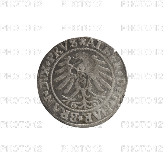 Albrecht Hohenzollern (Prince of Prussia; 1490–1568) — iconography; Hohenzollern coat of arms; male busts in armor; eagles. Obverse: Prussian eagle, on its chest a crowned letter S; on the rim between the pearl borders an inscription beginning with a rosette ALBER*D*G*MAR*BRAN*DVX*PRVS. Reverse: male bust in armor, profile turned to the right, short hair, beard with sideburns; on the rim between the pearl borders an inscription beginning with the Hohenzollern coat of arms *IVSTVS*EX*FIDE*VIVIT*I53I*. 1531. Ducal Prussia (1525–1701), Königsberg. Coin: diameter 22.4 mm, weight 1.46 g, axis 20°. Grob?, Wille?, Albrecht Grosz (fl. 1520–?), Straub (Strawb), Heinrich, publisher; R1 (rarity).