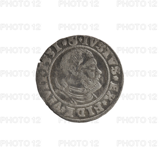 Albrecht Hohenzollern (Prince of Prussia; 1490–1568) — iconography: Hohenzollern coat of arms; male busts in armor; eagles. Obverse: Prussian eagle, on its chest a crowned letter S; on rim between pearl borders an inscription beginning with a rosette ALBER*D*G*MAR*BRAN*DVX*PRVS. Reverse: male bust in armor, profile turned to the right, short hair, beard with sideburns; on rim between pearl borders an inscription beginning with the Hohenzollern coat of arms *IVSTVS*EX*FIDE*VIVIT* I53I*. 1531. Ducal Prussia (1525–1701), Königsberg. Coin; diameter 22.4 mm; weight 1.46 g; axis 20 degrees. Maker: grosz, Wille, Albrecht (fl. 1520-?); Straub (Strawb), Heinrich, publisher; R1 (rarity).