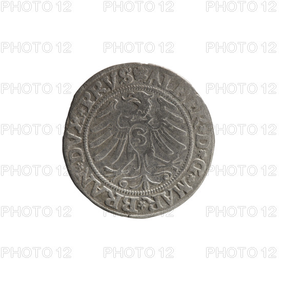 grosz; Straub (Strawb), Heinrich, publisher; Wille, Albrecht (fl. 1520-?), publisher; Decjusz, Jost Ludwik (fl. 1528-1535); R1 (rarity); eagles; Albrecht Hohenzollern (Prince of Prussia; 1490–1568) — iconography; Hohenzollern (coat of arms); male busts in armour; Aw. Prussian Eagle, on its breast a crowned letter S. Along the rim, between the pearly borders, an inscription beginning with a rosette ALBER*D*G*MAR*BRAN*DVX*PRVS. Rw. Male bust in armor, profile turned to the right, short hair, beard with sideburns. Along the rim, between the pearly borders, an inscription beginning with the Hohenzollern coat of arms *IVSTVS*EX*FIDE*VIVIT*I53I*. 1531. Ducal Prussia (1525–1701), Königsberg. Coin: diameter 22.5 mm, weight 1.80 g, axis 60°.