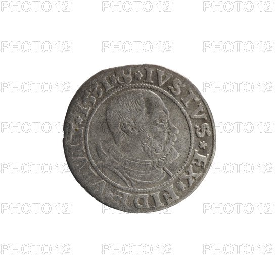 grosz; Straub (Strawb), Heinrich, publisher; Wille, Albrecht (fl. 1520-?), publisher; Decjusz, Jost Ludwik (fl. 1528-1535); R1 (rarity); eagles; Albrecht Hohenzollern (Prince of Prussia; 1490–1568) — iconography; Hohenzollern (coat of arms); male busts in armour; Av. Prussian Eagle, on its breast a crowned letter S. Along the rim, between the pearly borders, an inscription beginning with a rosette ALBER*D*G*MAR*BRAN*DVX*PRVS. Rv. Male bust in armor, profile turned to the right, short hair, beard with sideburns. Along the rim, between the pearly borders, an inscription beginning with the Hohenzollern coat of arms *IVSTVS*EX*FIDE*VIVIT*I53I*. 1531. Ducal Prussia (1525–1701). Königsberg. Coin. Diameter 22.5 mm; weight 1.80 g; axis 60°.
