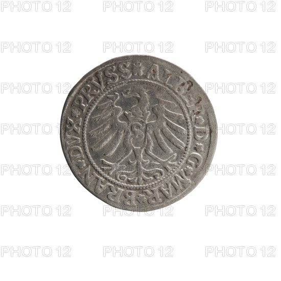 grosz; Wille, Albrecht (fl. 1520-?), publisher; Decjusz, Jost Ludwik (fl. 1528-1535); Straub (Strawb), Heinrich, publisher. R1 (rarity). Subject: eagles; Albrecht Hohenzollern (Prince of Prussia; 1490–1568) — iconography; Hohenzollern (coat of arms). Obverse: male bust in armour, profile turned right, short hair, beard with sideburns; Aw. Prussian Eagle, on its breast a crowned letter S; along the rim between pearly borders an inscription beginning with a rosette ALBER*D*G*MAR*BRAN*DVX*PRVSS. Reverse: male bust in armor, profile right; along the rim between pearly borders an inscription beginning with the Hohenzollern coat of arms shield *IVSTVS*EX*FIDE*VIVIT*I53I*. Date: 1531. Place/foundation: Ducal Prussia (1525–1701), Königsberg. Object: coin (grosz); diameter 23.0 mm; weight 1.94 g; axis 0°.