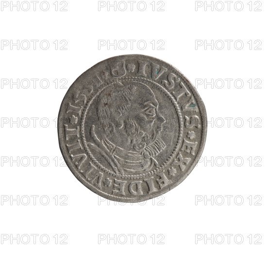 grosz; Wille, Albrecht (fl. 1520-?), publisher; Decjusz, Jost Ludwik (fl. 1528-1535); Straub (Strawb), Heinrich, publisher. Obverse: eagles; Albrecht Hohenzollern (Prince of Prussia; 1490–1568) — iconography; male bust in armour; Prussian Eagle with on its breast a crowned letter S. Along the rim, between pearly borders, an inscription beginning with a rosette: ALBER*D*G*MAR*BRAN*DVX*PRVSS. Reverse: male bust in armor, profile to the right, short hair, beard with sideburns. Along the rim, between pearly borders, Hohenzollern coat of arms shield and inscription beginning with *IVSTVS*EX*FIDE*VIVIT*I53I*. Date: 1531. Place: Ducal Prussia (1525–1701), Königsberg. Object: coin (grosz), diameter 23.0 mm, weight 1.94 g, axis 0°.