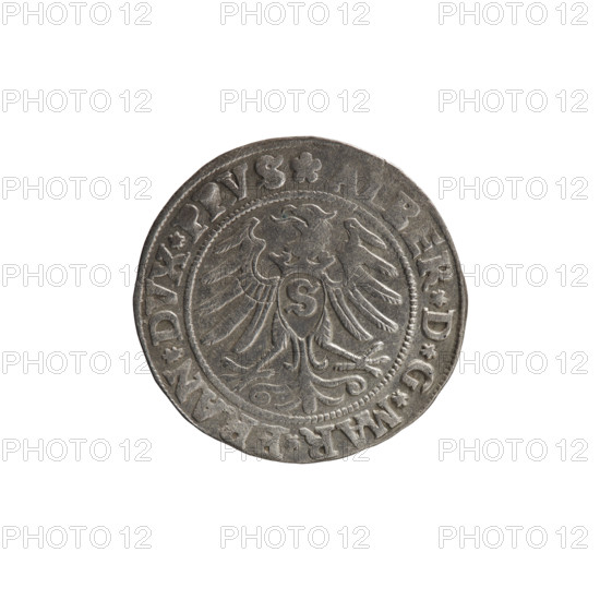 grosz; Straub (Strawb), Heinrich, publisher; Wille, Albrecht (fl. 1520-?), publisher; Decjusz, Jost Ludwik (fl. 1528-1535); R1 (rarity); eagles; Albrecht Hohenzollern (Prince of Prussia; 1490–1568) — iconography; Hohenzollern (coat of arms); male busts in armour; Aw. Prussian Eagle, on its breast a crowned letter S. Along the rim, between the pearly borders, an inscription beginning with a rosette ALBER*D*G*MAR*BRAN*DVX*PRVS. Rw. Male bust in armor, profile turned to the right, short hair, beard with sideburns. Along the rim, between the pearly borders, an inscription beginning with the Hohenzollern coat of arms *IVSTVS, FIDE*VIVIT*I53I*. 1531. Ducal Prussia (1525–1701), Königsberg. Coin; diameter 22.7 mm; weight 1.94 g; axis 200°.