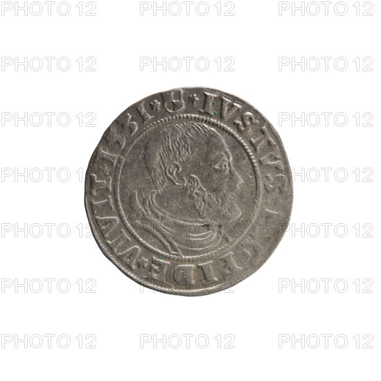 grosz, Straub (Strawb), Heinrich, publisher, Wille, Albrecht (fl. 1520-?), publisher, Decjusz, Jost Ludwik (fl. 1528-1535), R1 (rarity), eagles, Albrecht Hohenzollern (Prince of Prussia; 1490-1568) - iconography, Hohenzollern (coat of arms), male busts in armour, Aw. Prussian Eagle, on its breast a crowned letter S. Along the rim, between the pearly borders, an inscription beginning with a rosette ALBER*D*G*MAR*BRAN*DVX*PRVS. Rw. Male bust in armor, profile turned to the right, short hair, beard with sideburns. Along the rim, between the pearly borders, an inscription beginning with the Hohenzollern coat of arms *IVSTVS, FIDE*VIVIT*I53I*. 1531, Ducal Prussia (1525-1701), Königsberg, coin: diameter 22.7 mm, weight 1.94 g, axis 200 degrees.