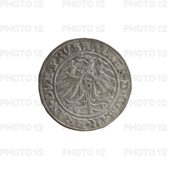 grosz, Straub (Strawb), Heinrich, publisher, Wille, Albrecht (fl. 1520-?), publisher, Decjusz, Jost Ludwik (fl. 1528-1535), R1 (rarity), eagles, Albrecht Hohenzollern (Prince of Prussia; 1490-1568) - iconography, Hohenzollern (coat of arms), male busts in armour, Aw. Prussian Eagle, on its breast a crowned letter S. Along the rim, between the pearly borders, an inscription beginning with a rosette ALBER*D*G*MAR*BRAN*DVX*PRVS Rw. Male bust in armor, profile turned to the right, short hair, beard with sideburns. Along the rim, between the pearly borders, an inscription beginning with the Hohenzollern coat of arms *IVSTVS*EX*FIDE*VIVIT*I53I*, 1531, Ducal Prussia (1525-1701), Königsberg, coin; diameter 22.5 mm, weight 1.97 g, axis 300 degrees.
