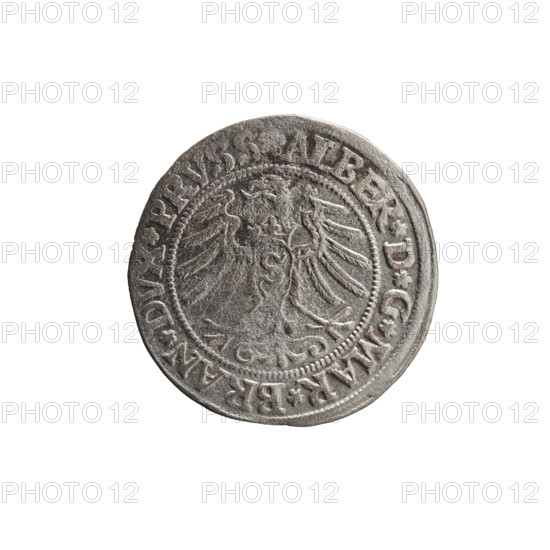 grosz; Wille, Albrecht (fl. 1520-?), publisher; Decjusz, Jost Ludwik (fl. 1528-1535); Straub (Strawb), Heinrich, publisher; R1 (rarity). Albrecht Hohenzollern (Prince of Prussia; 1490–1568) — iconography: eagles, Hohenzollern coat of arms, male busts in armour. Obverse: Prussian Eagle, on its breast a crowned letter S; along the rim between pearly borders an inscription beginning with a rosette ALBER*D*G*MAR*BRAN*DVX*PRVSS. Reverse: male bust in armour, profile right, short hair, beard with sideburns; along the rim between pearly borders beginning with the Hohenzollern coat of arms *IVSTVS*EX*FIDE*VIVIT*I53I*. Date: 1531. Place: Ducal Prussia (1525–1701), Königsberg. Coin: grosz; diameter 23.1 mm; weight 1.82 g; axis 315°.