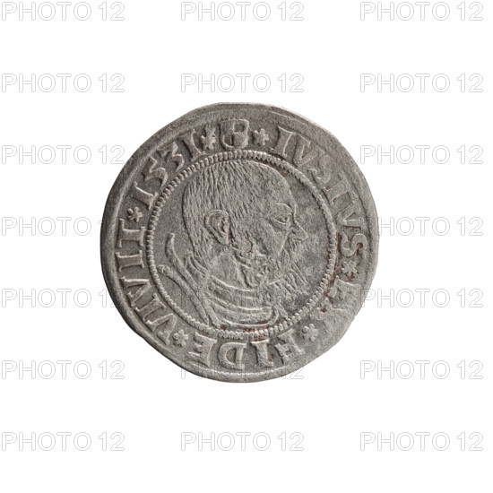 grosz, Wille, Albrecht (fl. 1520-?), publisher; Decjusz, Jost Ludwik (fl. 1528-1535); Straub (Strawb), Heinrich, publisher. Iconography: Albrecht Hohenzollern (Prince of Prussia; 1490-1568) — eagles, Hohenzollern coat of arms, male busts in armour. Obverse: Prussian Eagle, on its breast a crowned letter S; along the rim, between pearly borders, an inscription beginning with a rosette ALBER*D*G*MAR*BRAN*DVX*PRVSS. Reverse: male bust in armor, profile turned to the right, short hair, beard with sideburns; along the rim, between pearly borders, an inscription beginning with the Hohenzollern coat of arms *IVSTVS*EX*FIDE*VIVIT*I53I*. Date: 1531. Place: Ducal Prussia (1525–1701), Königsberg. Object: coin (grosz), diameter 23.1 mm, weight 1.82 g, axis 315°.