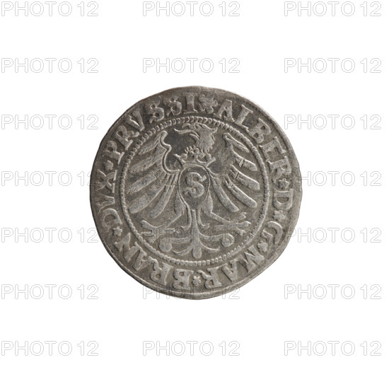 grosz, Wille, Albrecht (fl. 1520-?), publisher; Decjusz, Jost Ludwik (fl. 1528-1535); Straub (Strawb), Heinrich, publisher. R1 (rarity). Albrecht Hohenzollern (Prince of Prussia; 1490–1568) — iconography: male busts in armour, Hohenzollern coat of arms, Prussian Eagle with on its breast a crowned letter S. Obverse: Along the rim, between the pearly borders, an inscription beginning with a rosette ALBER*D*G*MAR*BRAN*DVX*PRVSSI. Reverse: Male bust in armor, profile turned to the right, short hair, beard with sideburns; along the rim, between the pearly borders, an inscription beginning with the Hohenzollern coat of arms *IVSTVS*EX*FIDE*VIVIT*I53I*. 1531. Ducal Prussia (1525–1701), Königsberg. Coin: diameter 22.4 mm, weight 1.86 g, axis 0°.