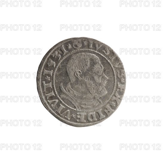grosz; Wille, Albrecht (fl. 1520-?), publisher; Decjusz, Jost Ludwik (fl. 1528-1535); Straub (Strawb), Heinrich, publisher; R1 (rarity); eagles; Albrecht Hohenzollern (Prince of Prussia; 1490-1568) - iconography; male busts in armour; Hohenzollern (coat of arms); Aw. Prussian Eagle, on its breast a crowned letter S. Along the rim, between the pearly borders, an inscription beginning with a rosette: ALBER*D*G*MAR*BRAN*DVX*PRVSSI. Rw. Male bust in armor, profile turned to the right, short hair, beard with sideburns. Along the rim, between the pearly borders, an inscription beginning with the Hohenzollern coat of arms: *IVSTVS*EX*FIDE*VIVIT*I53I*. 1531. Ducal Prussia (1525-1701), Königsberg. Coin: diameter 22.4 mm; weight 1.86 g; axis 0°.