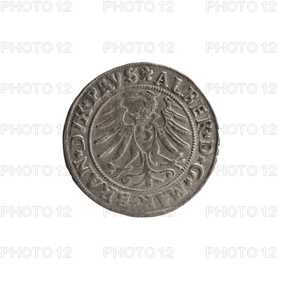 grosz, Straub (Strawb), Heinrich, publisher, Wille, Albrecht (fl. 1520-?), publisher, Decjusz, Jost Ludwik (fl. 1528-1535), R1 (rarity), Albrecht Hohenzollern (Prince of Prussia; 1490-1568) - iconography, eagles, male busts in armour, Hohenzollern (coat of arms), Aw. Prussian Eagle, on its breast a crowned letter S. Along the rim, between the pearly borders, an inscription beginning with a rosette ALBER*D*G*MAR*BRAN*DVX*PRVS. Rw. Male bust in armor, profile turned to the right, short hair, beard with sideburns. Along the rim, between the pearly borders, an inscription beginning with the Hohenzollern coat of arms *IVSTVS*EX*FIDE*VIVIT*I53I*. 1531, Ducal Prussia (1525-1701), Königsberg; coin: diameter 22.8 mm, weight 1.90 g, axis 180 degrees.