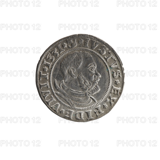grosz, Straub (Strawb), Heinrich, publisher, Wille, Albrecht (fl. 1520-?), publisher, Decjusz, Jost Ludwik (fl. 1528-1535), R1 (rarity), Albrecht Hohenzollern (Prince of Prussia; 1490-1568) - iconography, eagles, male busts in armour, Hohenzollern (coat of arms), Aw. Prussian Eagle, on its breast a crowned letter S. Along the rim, between the pearly borders, an inscription beginning with a rosette ALBER*D*G*MAR*BRAN*DVX*PRVS. Rw. Male bust in armor, profile turned to the right, short hair, beard with sideburns. Along the rim, between the pearly borders, an inscription beginning with the Hohenzollern coat of arms *IVSTVS*EX*FIDE*VIVIT*I53I*. 1531, Ducal Prussia (1525-1701), Königsberg, coin: diameter 22.8 mm, weight 1.90 g, axis 180 degrees.