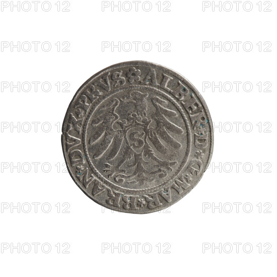 Albrecht Dürer? (grosz, Wille, Albrecht (fl. 1520-?), publisher; Straub (Strawb), Heinrich, publisher), Decjusz, Jost Ludwik (fl. 1528-1535). 1531. Coin (ducal Prussia, Königsberg). Diameter 22.5 mm, weight 1.83 g, axis 0°. Obverse: right-facing male bust in armor, short hair, beard with sideburns; along the rim between pearly borders an inscription beginning with a rosette ALBER*D*G*MAR*BRAN*DVX*PRVS and the Hohenzollern coat of arms. Reverse: Prussian eagle on its breast a crowned letter S; along the rim between pearly borders an inscription beginning with *IVSTVS*EX*FIDE*VIVIT* I53I*. Iconography: Albrecht Hohenzollern (Prince of Prussia; 1490–1568), Hohenzollern coat of arms. R1 (rarity).