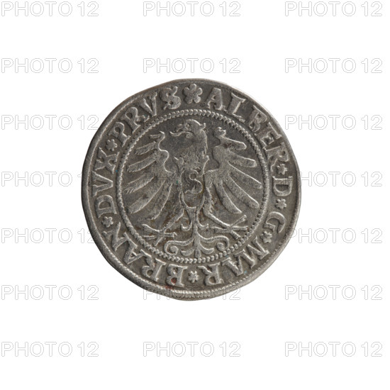 grosz; Straub (Strawb), Heinrich, publisher; Decjusz, Jost Ludwik (fl. 1528–1535); Wille, Albrecht (fl. 1520–? ), publisher; R1 (rarity); eagles; Albrecht Hohenzollern (Prince of Prussia; 1490–1568) — iconography; male busts in armour; Hohenzollern (coat of arms); Aw. Prussian Eagle, on its breast a crowned letter S. Along the rim, between the pearly borders, an inscription beginning with a rosette ALBER*D*G*MAR*BRAN*DVX*PRVS. Rw. Male bust in armor, profile turned to the right, short hair, beard with sideburns. Along the rim, between the pearly borders, an inscription beginning with the Hohenzollern coat of arms *IVSTVS*EX*FIDE*VIVIT* I531. 1531. Ducal Prussia (1525–1701), Königsberg. Coin; diameter 23.2 mm; weight 1.72 g; axis 0°.