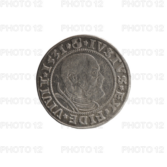 grosz; Straub (Strawb), Heinrich, publisher; Decjusz, Jost Ludwik (fl. 1528–1535); Wille, Albrecht (fl. 1520–? ), publisher. R1 (rarity). Eagles. Albrecht Hohenzollern (Prince of Prussia; 1490–1568) — iconography. Male busts in armour. Hohenzollern (coat of arms). Av.: Prussian eagle, on its breast a crowned letter S. Along the rim, between the pearly borders, an inscription beginning with a rosette ALBER*D*G*MAR*BRAN*DVX*PRVS. Rv.: Male bust in armor, profile to the right, short hair, beard with sideburns. Along the rim, between the pearly borders, an inscription beginning with the Hohenzollern coat of arms *IVSTVS*EX*FIDE*VIVIT*I53I*. 1531. Ducal Prussia (1525–1701), Königsberg. Coin: diameter 23.2 mm; weight 1.72 g; axis 0°.