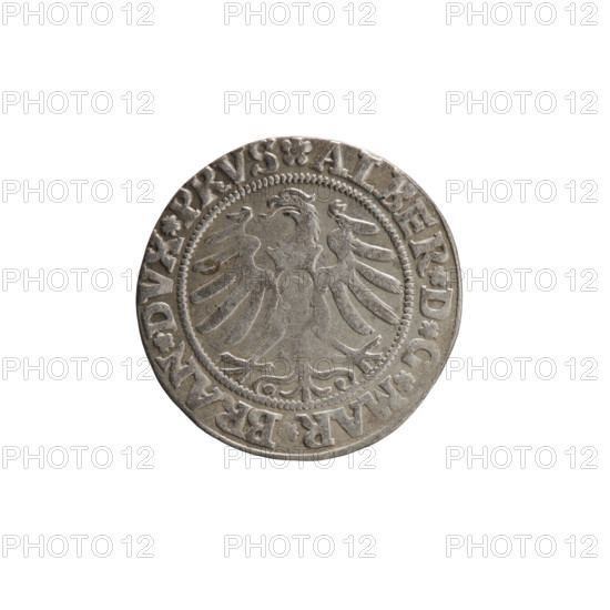 grosz, Wille, Albrecht (fl. 1520-?), publisher; Straub (Strawb), Heinrich, publisher; Decjusz, Jost Ludwik (fl. 1528-1535); R1 (rarity). Albrecht Hohenzollern (Prince of Prussia; 1490-1568) — iconography: eagles, Hohenzollern coat of arms, male busts in armour, Prussian Eagle with crowned letter S on its breast. Obverse: along the rim between pearly borders, inscription beginning with a rosette ALBER*D*G*MAR*BRAN*DVX*PRVS. Reverse: male bust in armor, profile turned to the right, short hair, beard with sideburns; along the rim between the pearly borders inscription beginning with the Hohenzollern coat of arms *IVSTVS*EX*FIDE*VIVIT*I53I*. Date: 1531. Issued in Ducal Prussia (1525–1701), Königsberg. Coin: diameter 22.0 mm, weight 1.80 g, axis 90°.