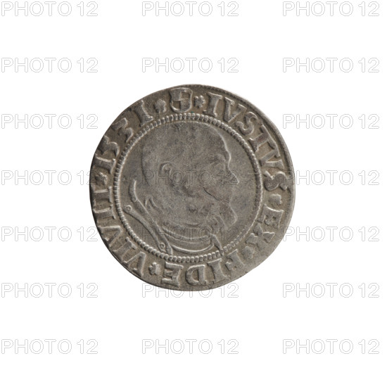grosz; Wille, Albrecht (fl. 1520-?), publisher; Straub (Strawb), Heinrich, publisher; Decjusz, Jost Ludwik (fl. 1528-1535); R1 (rarity). Albrecht Hohenzollern (Prince of Prussia; 1490–1568) — iconography: eagles; Hohenzollern coat of arms; male busts in armour. Obverse: Prussian Eagle, on its breast a crowned letter S; along the rim between pearly borders an inscription beginning with a rosette ALBER*D*G*MAR*BRAN*DVX*PRVS. Reverse: male bust in armor, profile to the right, short hair, beard with sideburns; along the rim between pearly borders an inscription beginning with the Hohenzollern coat of arms *IVSTVS*EX*FIDE*VIVIT*I53I*. Date: 1531. Place/issuing polity: Ducal Prussia (1525–1701), Königsberg. Object: coin. Diameter: 22.0 mm. Weight: 1.80 g. Axis: 90 degrees.