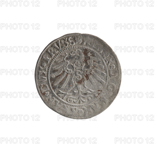 grosz; Straub (Strawb), Heinrich, publisher; Wille, Albrecht (fl. 1520-?), publisher; Decjusz, Jost Ludwik (fl. 1528-1535); R1 (rarity); eagles; Albrecht Hohenzollern (Prince of Prussia; 1490–1568) — iconography; Hohenzollern coat of arms; male busts in armour; Prussian eagle with crowned letter S on its breast; around the rim, between pearly borders, an inscription beginning with a rosette: R*D, G, AR*, AN*DVX*PRVSS; male bust in armor, profile turned right, short hair, beard with sideburns; pearly border around the rim with an inscription beginning with the Hohenzollern coat of arms *IVSTVS, ID, IT*I53I*; dated 1531; Ducal Prussia (1525–1701), Königsberg; coin: diameter 22.6 mm, weight 1.82 g, axis 90°