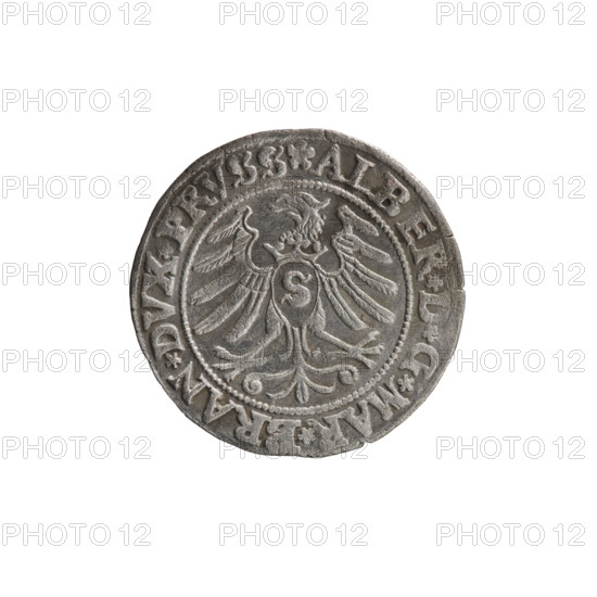 grosz; Straub (Strawb), Heinrich, publisher; Wille, Albrecht (fl. 1520-?), publisher; Decjusz, Jost Ludwik (fl. 1528-1535); R1 (rarity); Albrecht Hohenzollern (Prince of Prussia; 1490-1568) — iconography: eagles, Hohenzollern (coat of arms), male busts in armour; obverse: Prussian Eagle with on its breast a crowned letter S; along rim between pearly borders an inscription beginning with a rosette ALBER*D*G*MAR*BRAN*DVX*PRVSS; reverse: male bust in armor, profile turned to the right, short hair, beard with sideburns; along rim between pearly borders an inscription beginning with the Hohenzollern coat of arms *IVSTVS*EX*FIDE*VIVIT*I53I*; date 1531; Ducal Prussia (1525–1701), Königsberg; coin: diameter 22.8 mm, weight 1.82 g, axis 135 degrees.