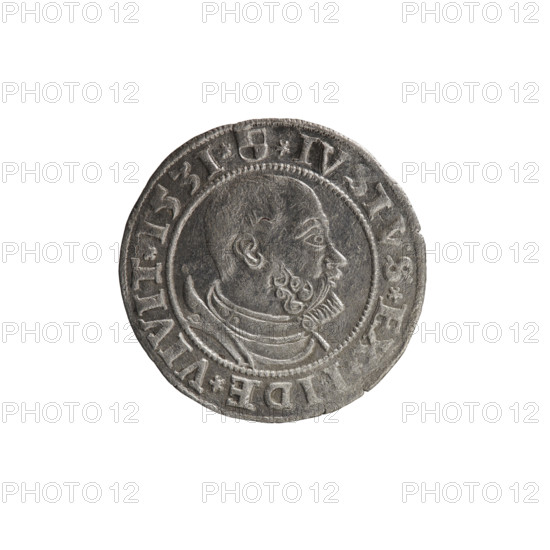 grosz; Straub (Strawb), Heinrich, publisher; Wille, Albrecht (fl. 1520-?), publisher; Decjusz, Jost Ludwik (fl. 1528-1535); R1 (rarity); Albrecht Hohenzollern (Prince of Prussia; 1490-1568) — iconography: eagles, Hohenzollern coat of arms, male busts in armour; Obverse: Prussian eagle, on its breast a crowned letter S; along the rim, between pearly borders, inscription beginning with a rosette ALBER*D*G*MAR*BRAN*DVX*PRVSS. Reverse: male bust in armor, profile to the right, short hair, beard with sideburns; along the rim, between pearly borders, inscription beginning with the Hohenzollern coat of arms *IVSTVS*EX*FIDE*VIVIT*I53I*. Date: 1531. Place/style: Ducal Prussia (1525–1701), Königsberg. Object: coin; diameter 22.8 mm; weight 1.82 g; axis 135°.
