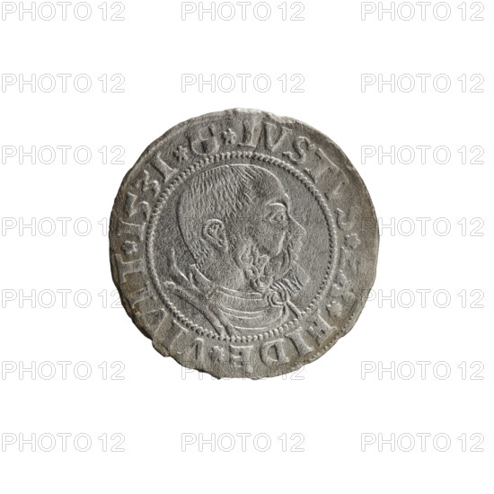 grosz; Straub (Strawb), Heinrich, publisher; Decjusz, Jost Ludwik (fl. 1528-1535); Wille, Albrecht (fl. 1520-?), publisher. R1 (rarity). Albrecht Hohenzollern (Prince of Prussia; 1490–1568) — iconography: eagles, Hohenzollern coat of arms, male busts in armour. Obverse: Prussian eagle; on its breast a crowned letter S; along the rim, between pearly borders, inscription beginning with a rosette ALBER*D*G*MAR*BRAN*DVX*PRVS. Reverse: male bust in armor, profile right, short hair, beard with sideburns; along the rim, between pearly borders, inscription beginning with the Hohenzollern coat of arms *IVSTVS*EX*FIDE*VIVIT*I53I*. Date: 1531. Place: Ducal Prussia (1525–1701), Königsberg. Coin: diameter 22.6 mm, weight 1.67 g, axis 225°.