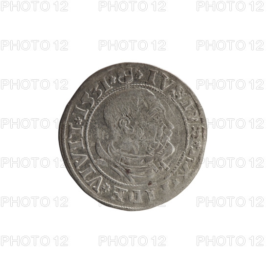 grosz; Straub (Strawb), Heinrich, publisher; Wille, Albrecht (fl. 1520-?), publisher; Decjusz, Jost Ludwik (fl. 1528-1535); R1 (rarity); Albrecht Hohenzollern (Prince of Prussia; 1490-1568) — iconography: eagles, Hohenzollern coat of arms; male busts in armour; obverse: Prussian eagle with on its breast the crowned letter S; along the rim, between pearly borders, an inscription beginning with a rosette, 'ALBER*D*G*MAR*B, NDDV, PRV'; reverse: male bust in armor, profile turned to the right, short hair, beard with sideburns; along the rim, between pearly borders, beginning with the Hohenzollern coat of arms '*IVSTVS*EX*FIDE*VIVIT*I53I*'; date 1531; Ducal Prussia (1525–1701), Königsberg; coin: diameter 22.5 mm, weight 2.01 g, axis 330°